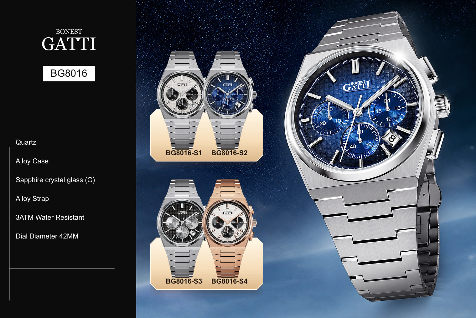 BONEST GATTI BG8016 watch, specifications and available colors