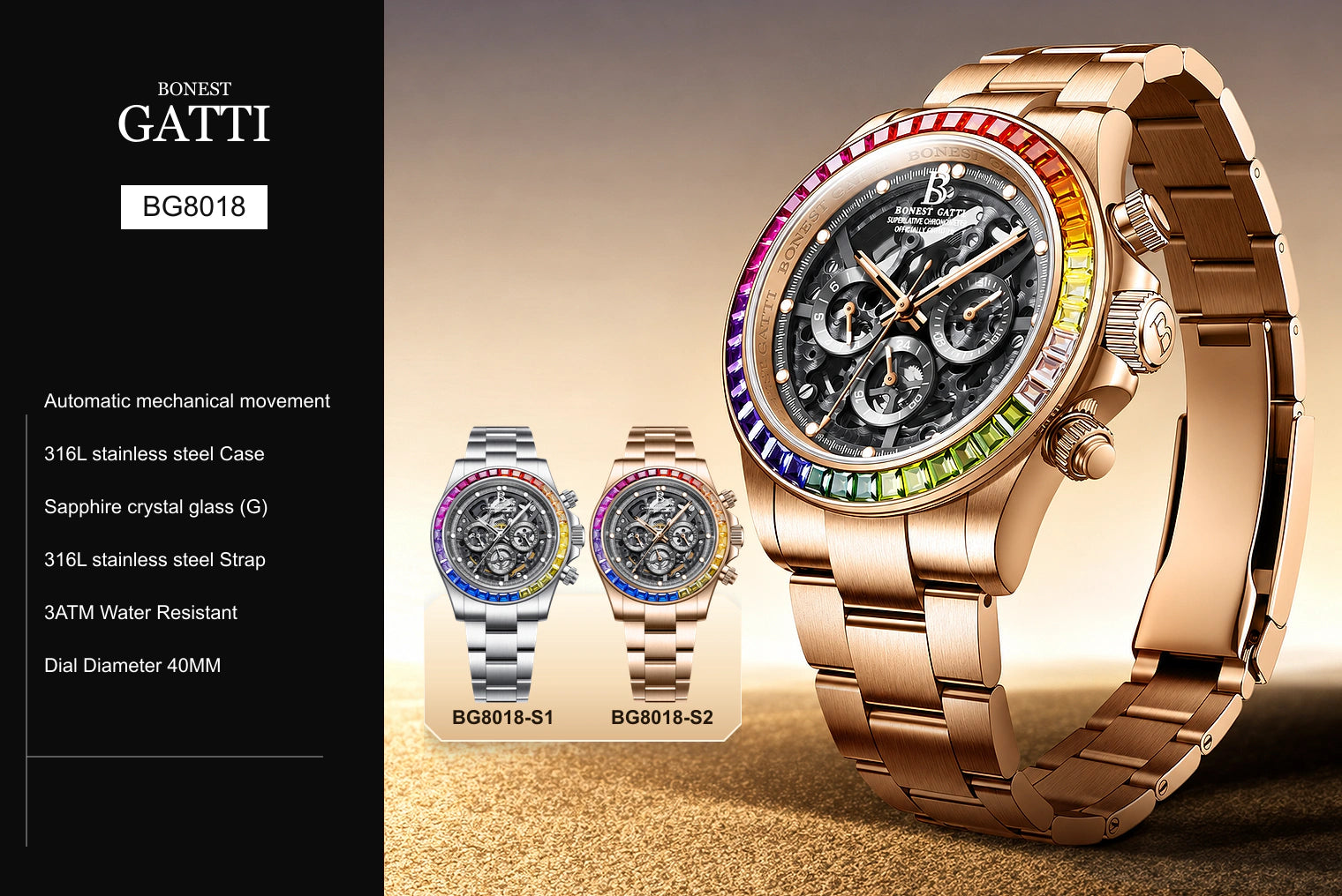 BONEST GATTI BG8018 watch, specifications and available colors